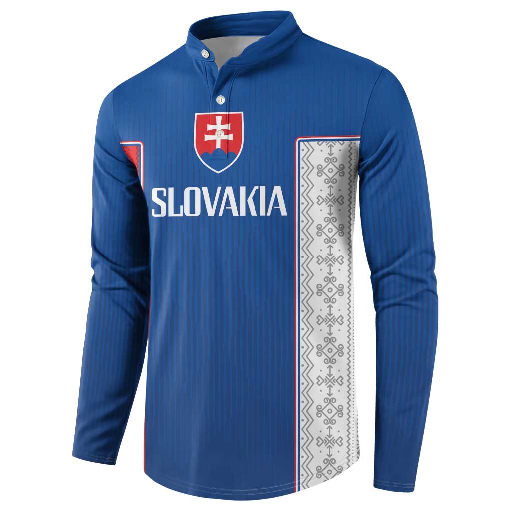 Blue long-sleeve button sweatshirt with Slovakia crest, 'SLOVAKIA' and patterned side panels