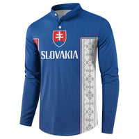 Blue long-sleeve button sweatshirt with Slovakia crest, 'SLOVAKIA' and patterned side panels