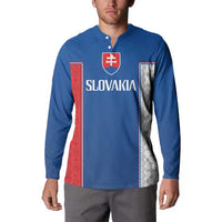 Blue long-sleeve button sweatshirt on model with Slovakia crest and 'SLOVAKIA' graphic
