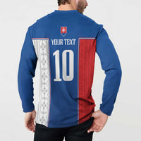 Blue long-sleeve button sweatshirt back with 'YOUR TEXT 10' and red/white patterned panels