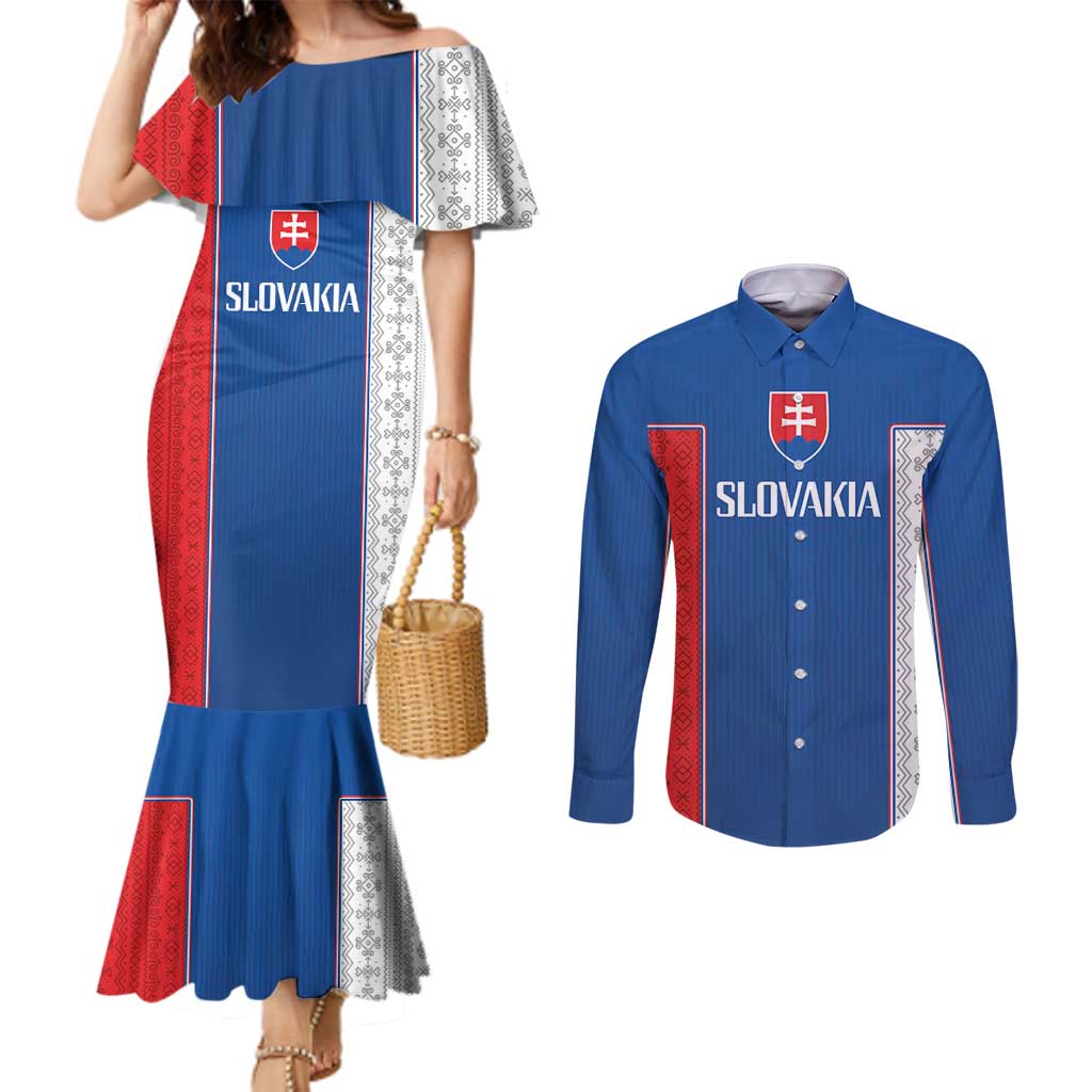 Custom Slovakia Football 2024 Go Champion Couples Matching Mermaid Dress and Long Sleeve Button Shirt