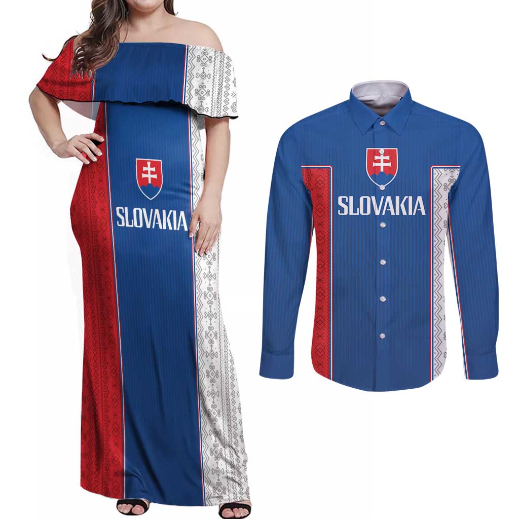 Custom Slovakia Football 2024 Go Champion Couples Matching Off Shoulder Maxi Dress and Long Sleeve Button Shirt - Wonder Print Shop