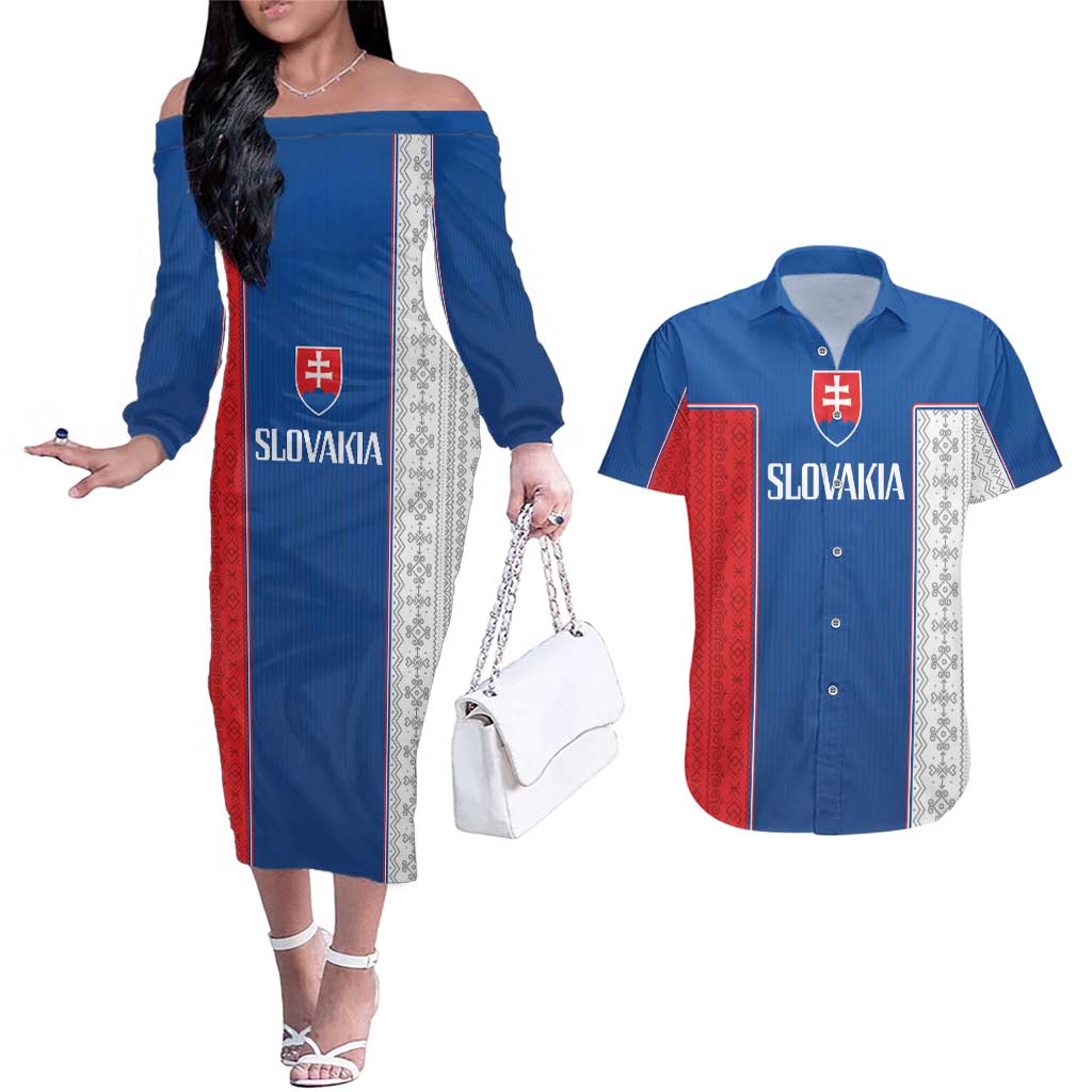 Custom Slovakia Football 2024 Go Champion Couples Matching Off The Shoulder Long Sleeve Dress and Hawaiian Shirt - Wonder Print Shop