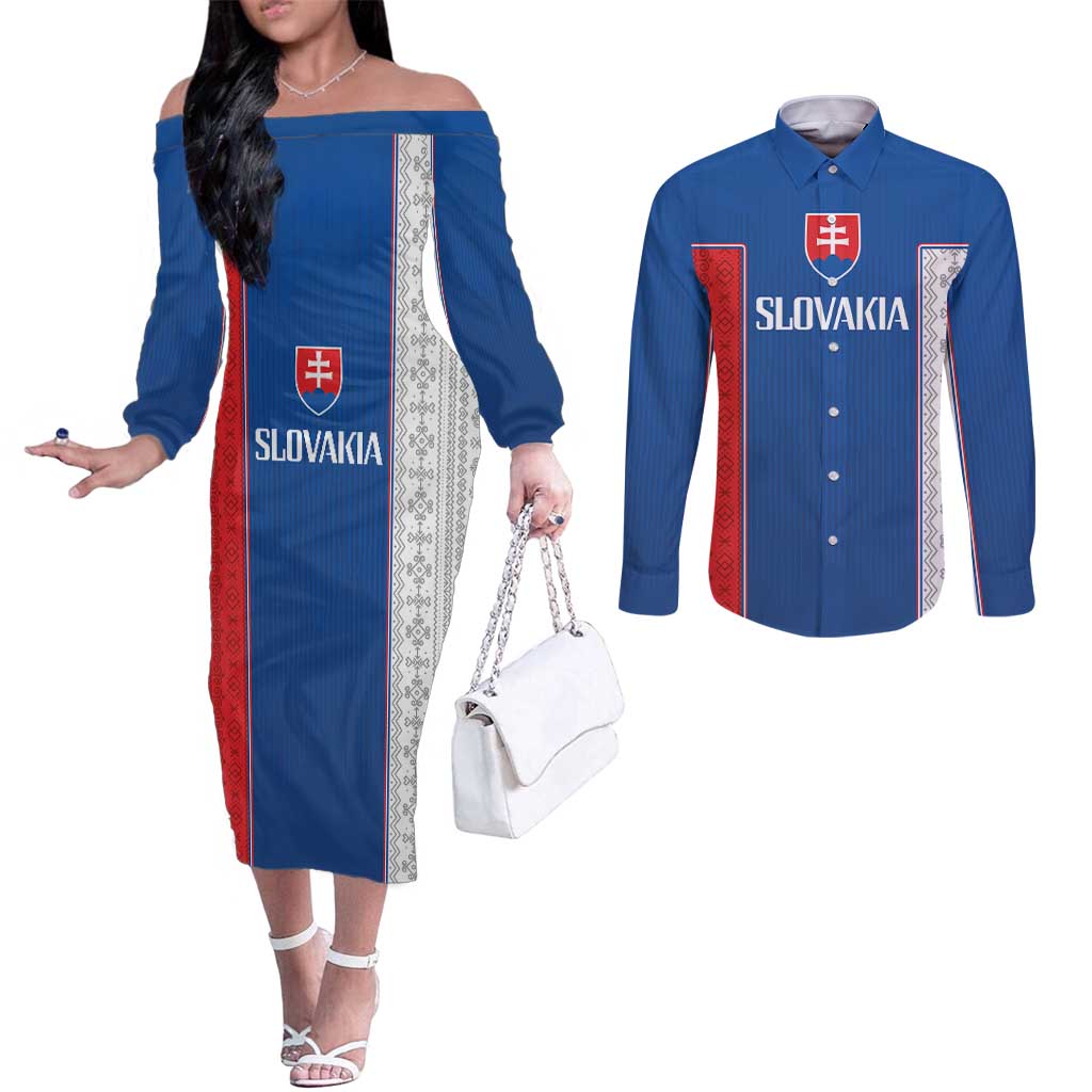 Custom Slovakia Football 2024 Go Champion Couples Matching Off The Shoulder Long Sleeve Dress and Long Sleeve Button Shirt