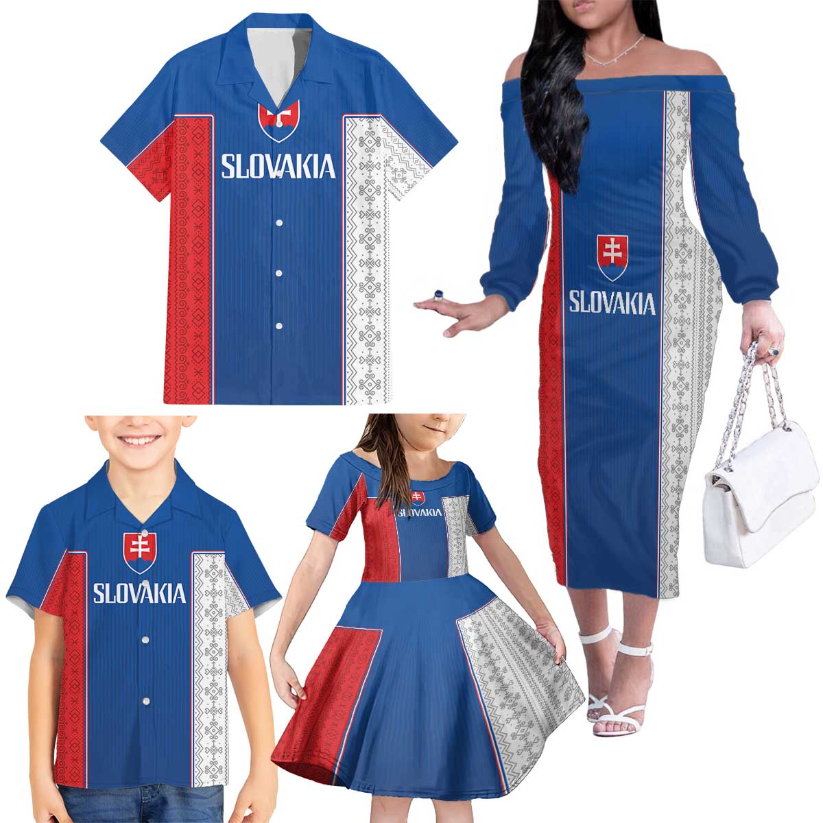 Custom Slovakia Football 2024 Go Champion Family Matching Off The Shoulder Long Sleeve Dress and Hawaiian Shirt - Wonder Print Shop