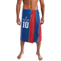 Blue/red/white lavalava wrap skirt with printed crest, 'YOUR TEXT' and number 10