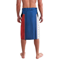 Blue, red & white lavalava wrap skirt with elastic waistband and printed crest