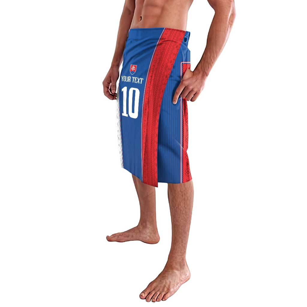 Blue/red/white vertical stripe lavalava wrap skirt with crest and number 10 print