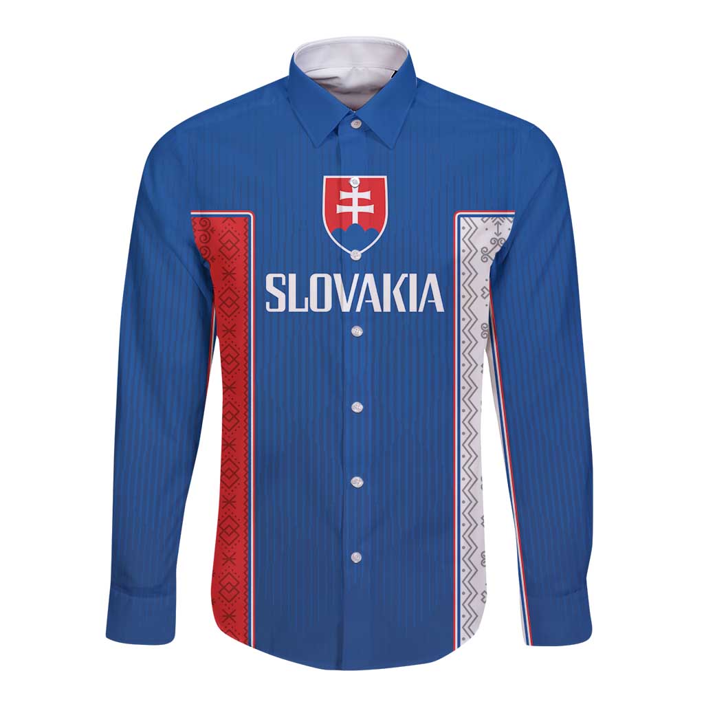 Unisex blue long-sleeve button shirt with Slovakia crest and red/white side stripes