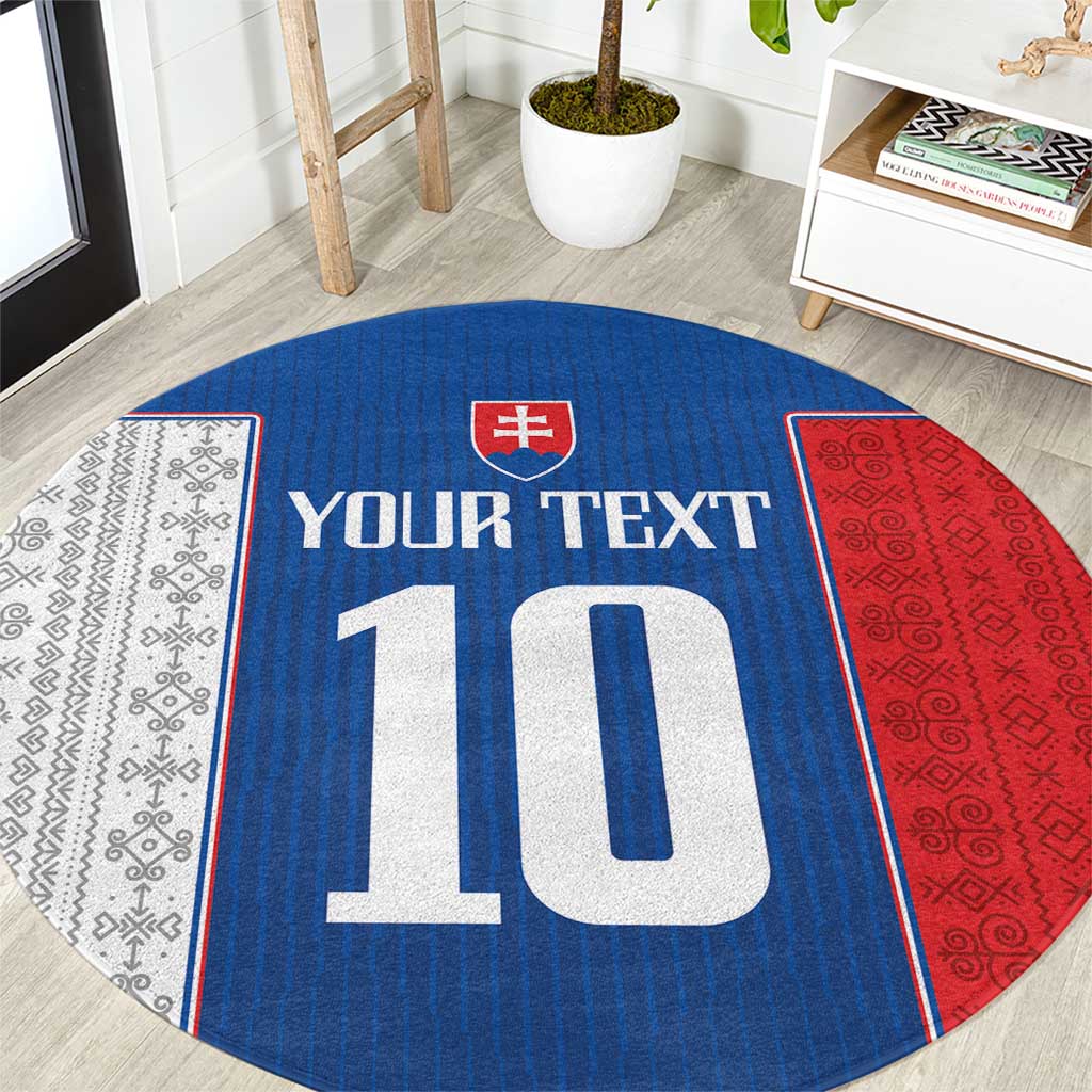 Blue round football style carpet with Slovakia crest and custom text, number 10