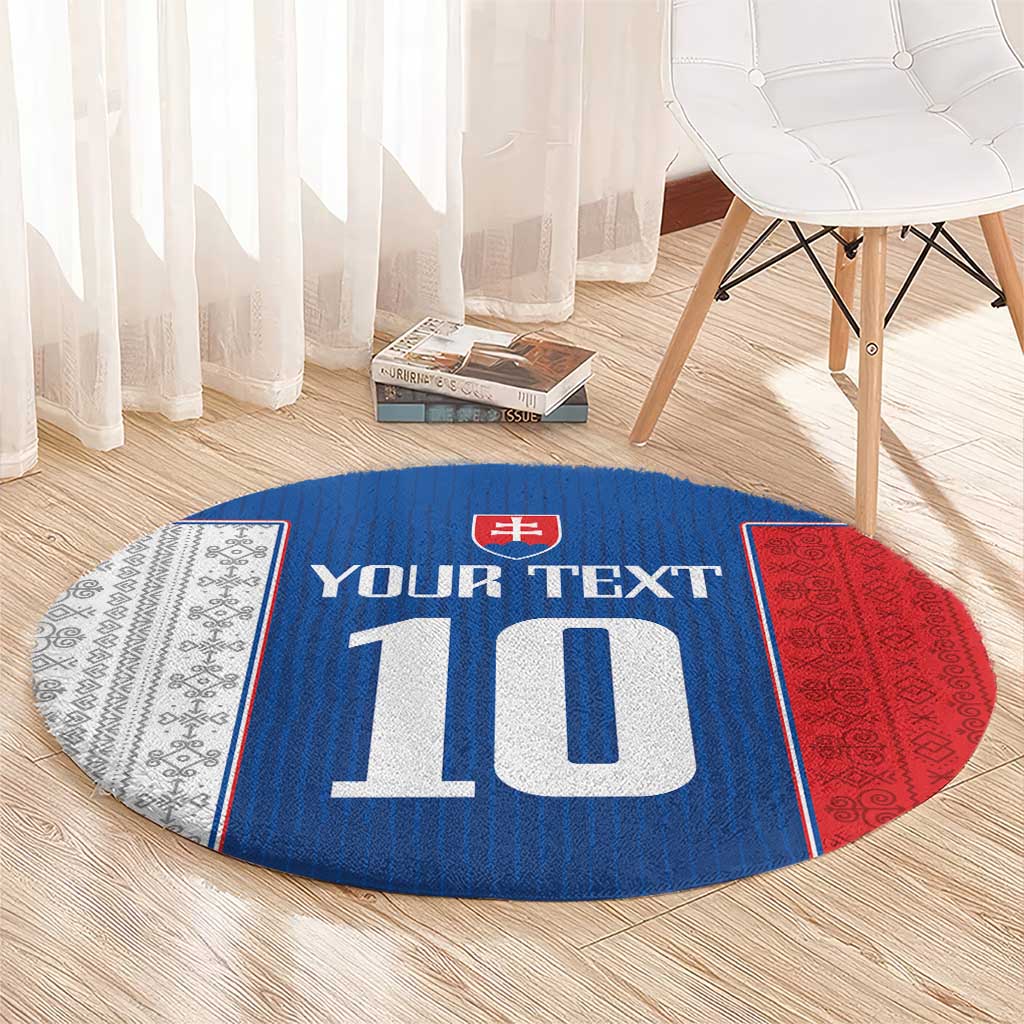 Blue round carpet with custom text, Slovakia crest, and number 10