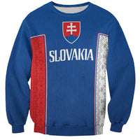 Blue crewneck sweatshirt with Slovakia crest and flag stripe graphic on front