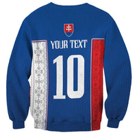 Blue crewneck sweatshirt with back graphic, crest, and large number 10