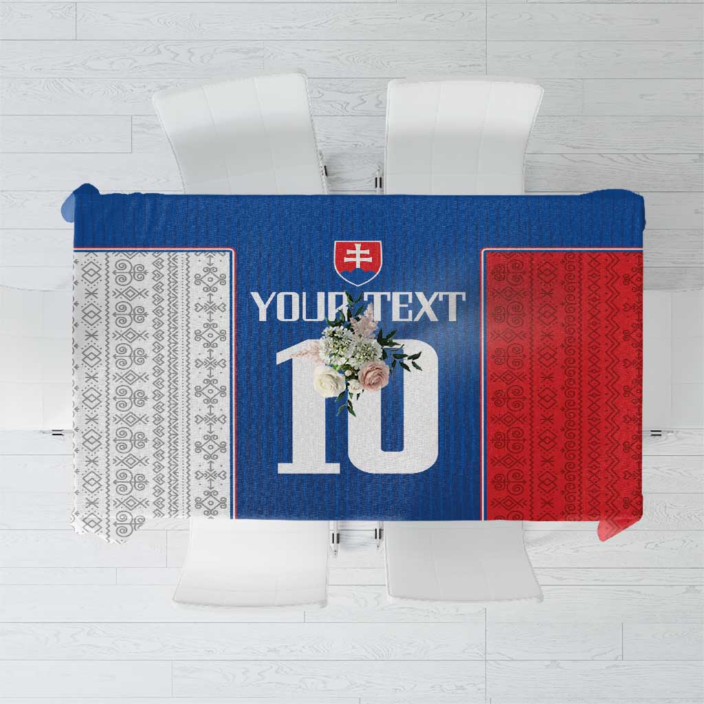 Blue and red Slovakia themed custom tablecloth, draped on a set of chairs