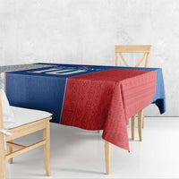Blue and red Slovakia themed tablecloth, covering a dining table in corner view