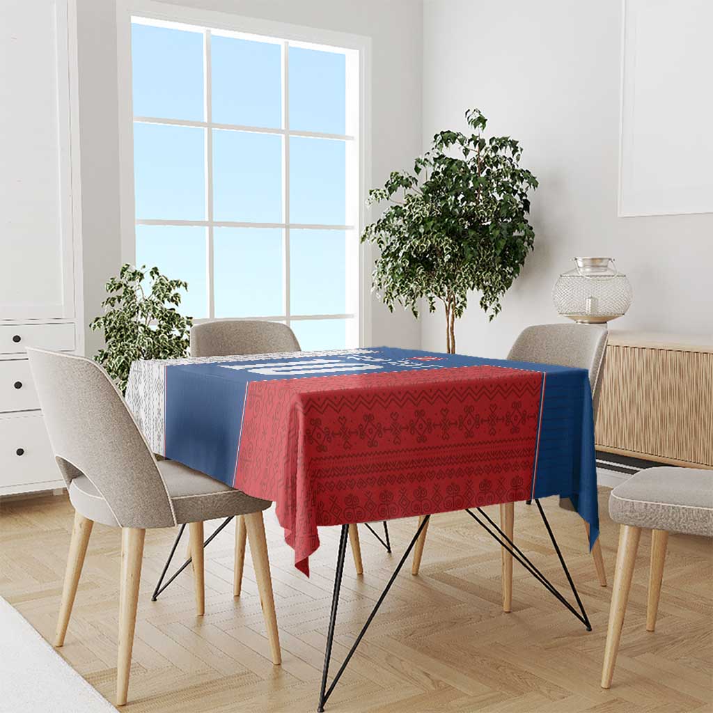 Blue and red Slovakia themed custom tablecloth on dining table with chairs around