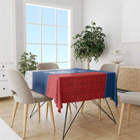Blue and red Slovakia themed custom tablecloth on dining table with chairs around