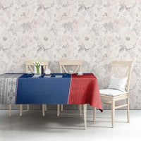 Blue and red Slovakia themed custom tablecloth on long table with vase and cups