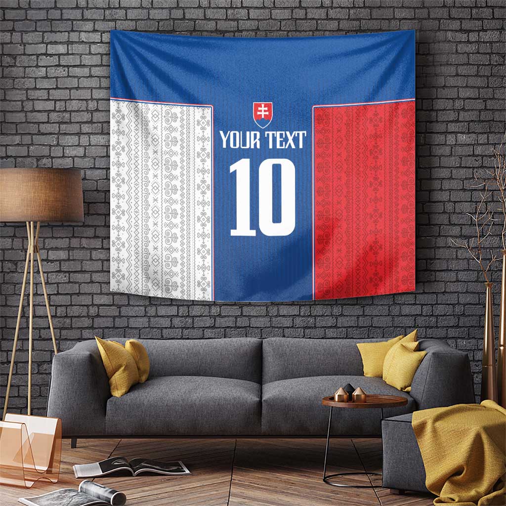 Blue and red football tapestry with white patterned panels, crest emblem, and '10'.