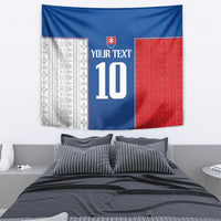 Blue and red football wall tapestry with white patterned side panels, crest, and '10'.