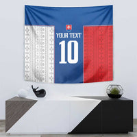 Blue and red football tapestry with white patterned left panel, crest emblem, and '10'.
