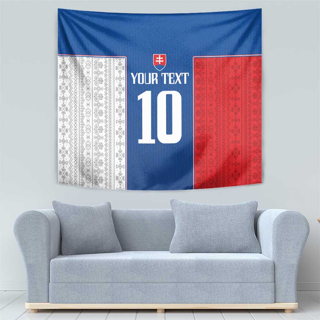 Blue and red football tapestry with white side panel patterns, crest, and '10' center.