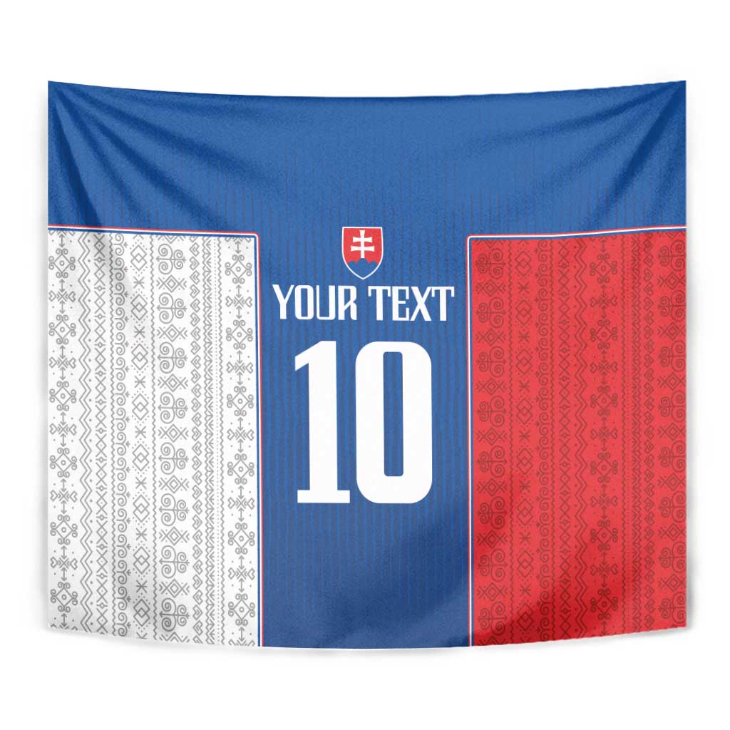 Close-up blue, red, and white football tapestry with crest and 'YOUR TEXT' above '10'.