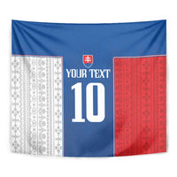Close-up blue, red, and white football tapestry with crest and 'YOUR TEXT' above '10'.