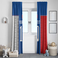 Pair of window curtain panels in blue and red, with gray patterned side panel