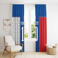 Blue and red curtain panels with printed number; gray patterned inner accent