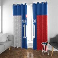 Curtain set with blue and red panels, top hanging rings, and printed number artwork