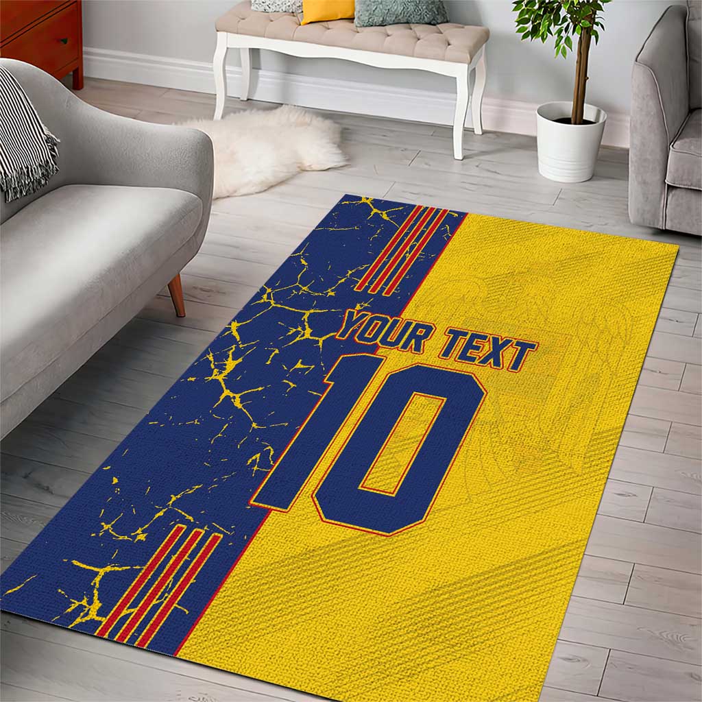 Yellow football area rug with blue marbled design, number 10, and Your Text