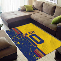 Yellow football area rug with large navy number 10 over blue pattern and Your Text