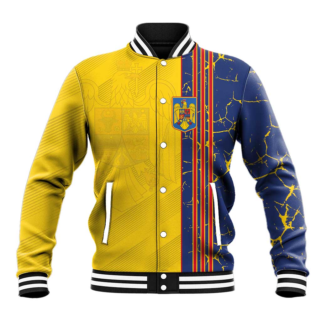 Yellow and navy varsity baseball jacket with snap buttons, striped rib collar, front graphic