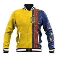Yellow and navy varsity baseball jacket with snap buttons, striped rib collar, front graphic