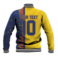 Yellow and navy baseball jacket back with number 10, bold graphic, striped rib cuffs