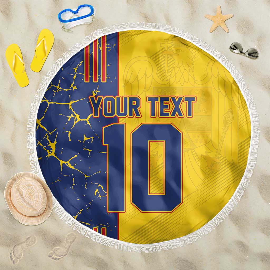 Round yellow and blue beach blanket with white fringe, custom 10 graphic, 150cm