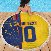 Round yellow and blue beach blanket with white fringe, 10 jersey-style design