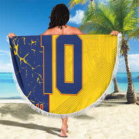 Round yellow and blue beach blanket with white fringe, large 10 graphic