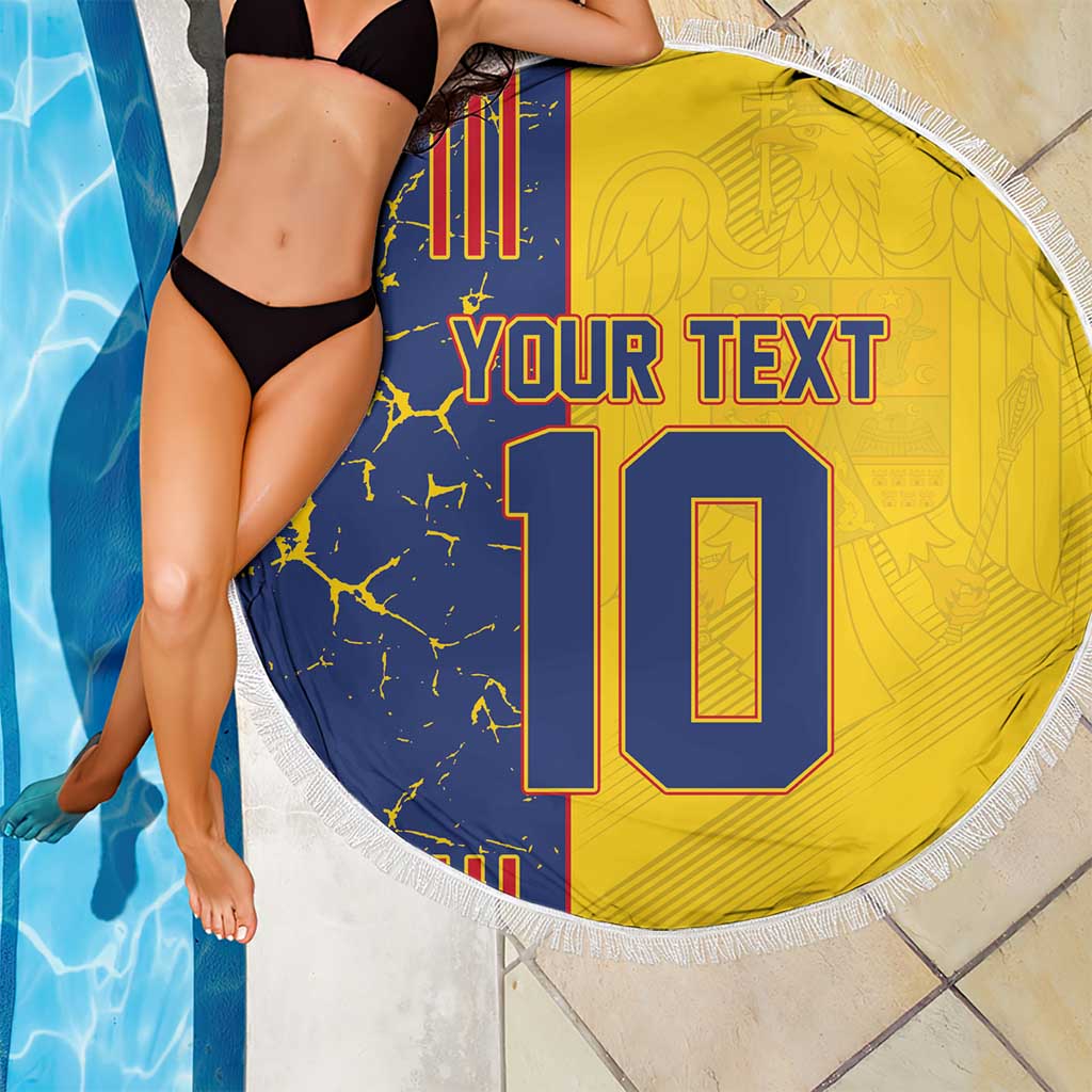 Round yellow and blue beach blanket with white fringe, custom 10 graphic
