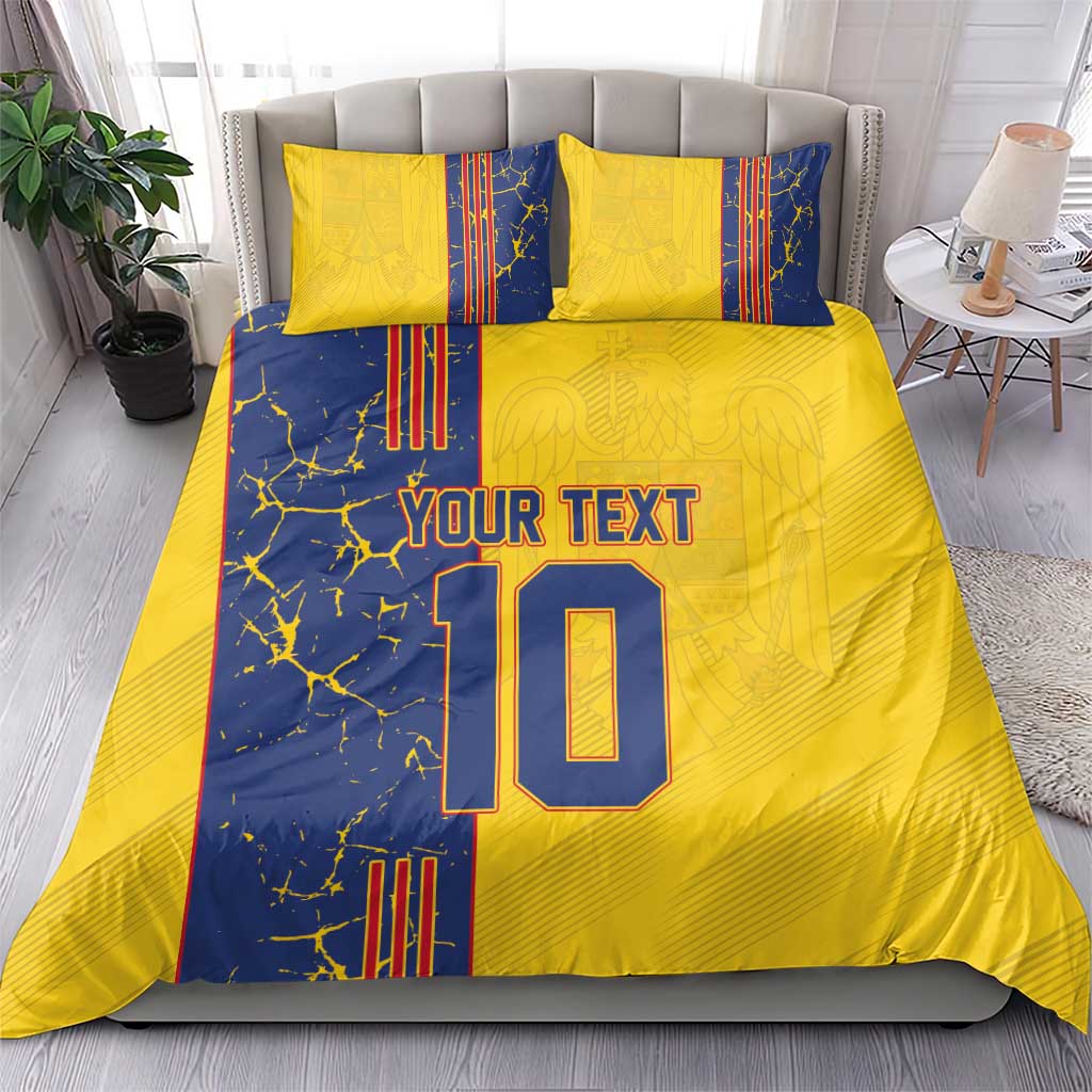 Yellow and blue football bedding set with matching pillows, 'YOUR TEXT' and number 10