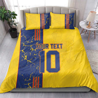 Yellow and blue football bedding set with matching pillows, 'YOUR TEXT' and number 10