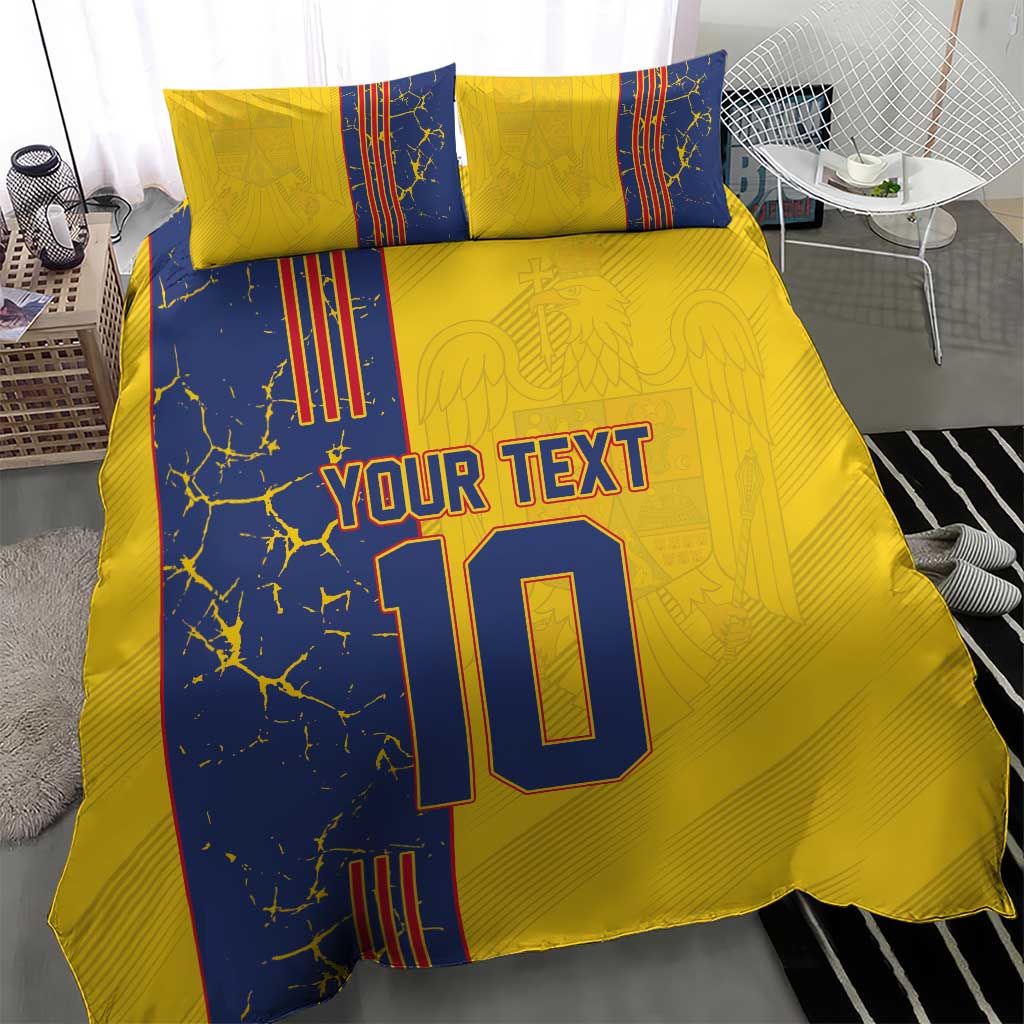 Yellow and blue bedding set with pillows; 'YOUR TEXT' and football-style number 10
