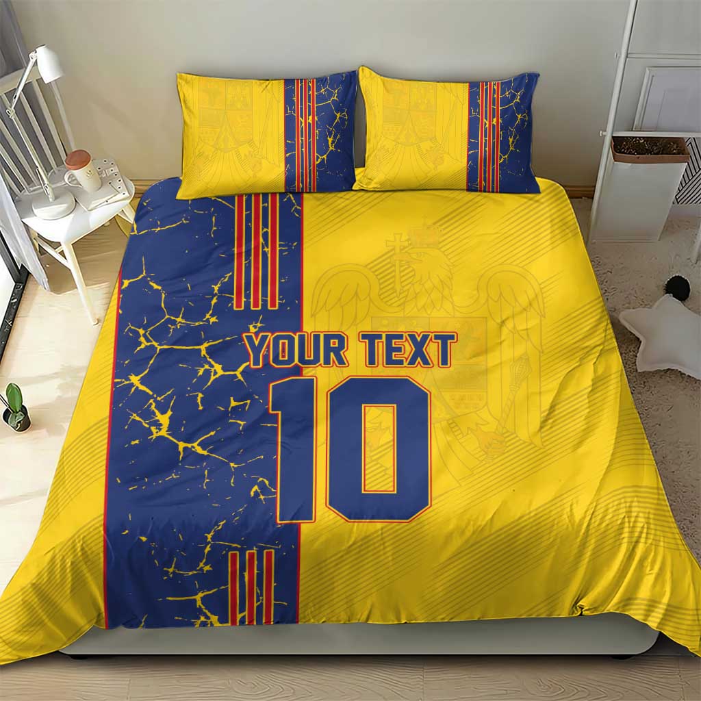 Yellow and blue duvet cover bedding set with pillows, 'YOUR TEXT' and number 10