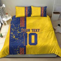 Yellow and blue duvet cover bedding set with pillows, 'YOUR TEXT' and number 10