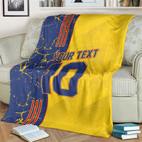 Yellow football blanket with navy left side, “YOUR TEXT” and number 12 graphic.