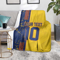 Yellow and navy football blanket with “YOUR TEXT” and number 10, bold edge stripes.