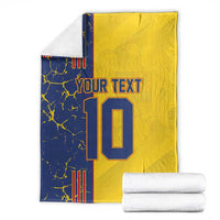 Yellow football blanket with navy side panel, “YOUR TEXT” and number 10, folded.