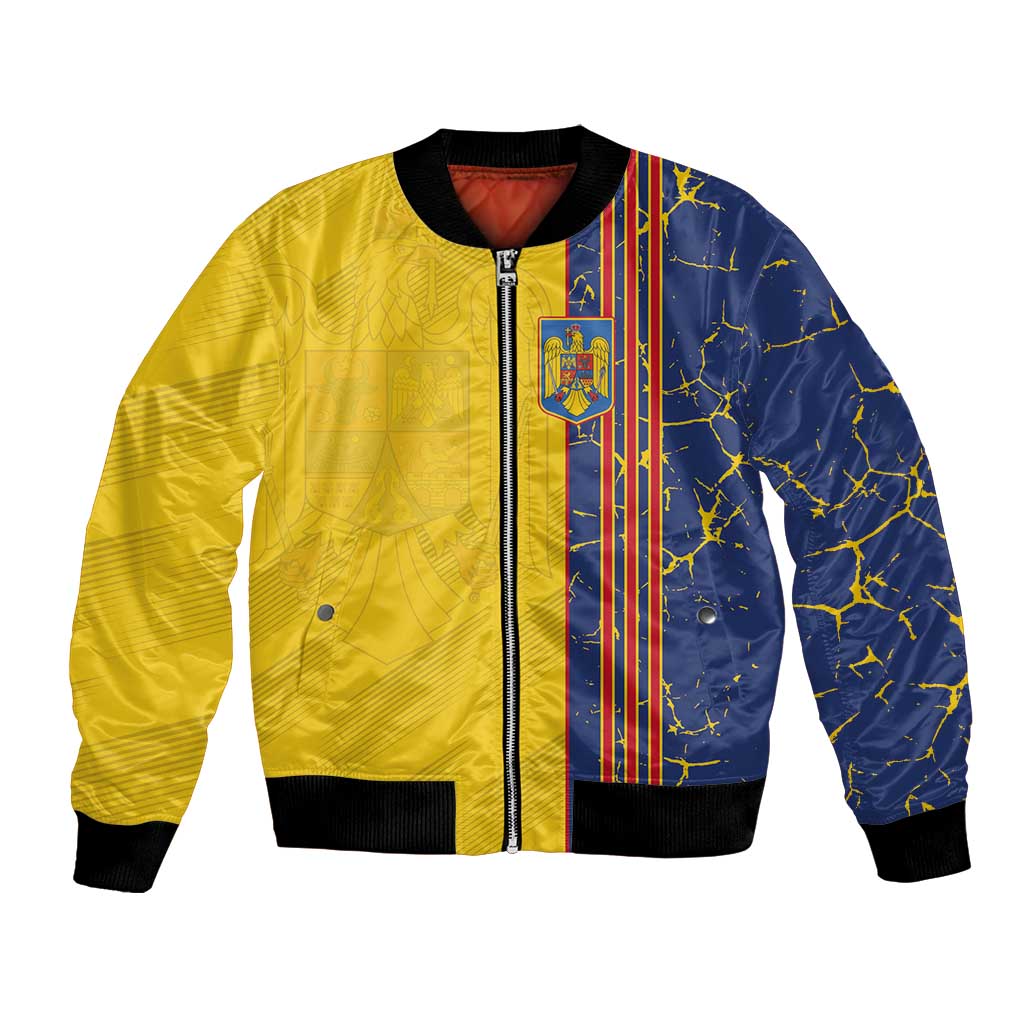 Yellow and navy bomber jacket with full zipper, ribbed collar, and vertical crest stripe design