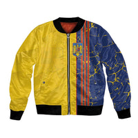 Yellow and navy bomber jacket with full zipper, ribbed collar, and vertical crest stripe design